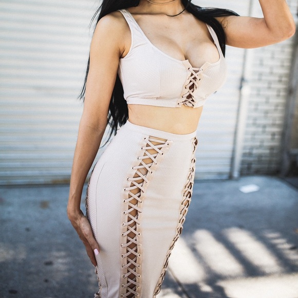 House of CB Dresses & Skirts - House of CB midi pencil skirt with vegan leather lace details